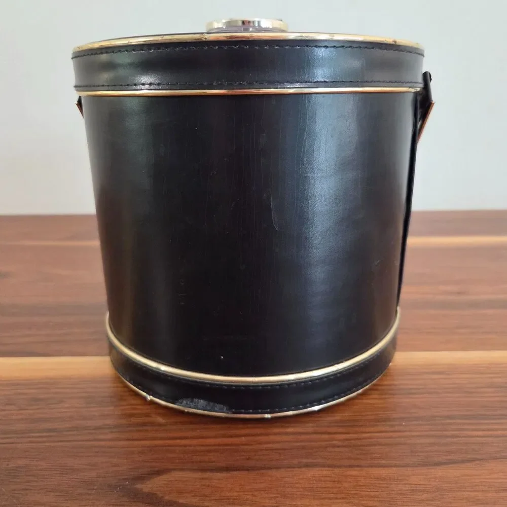 Vintage Mid Century MCM Black Faux Leather Ice Bucket Retro Barware Cocktails